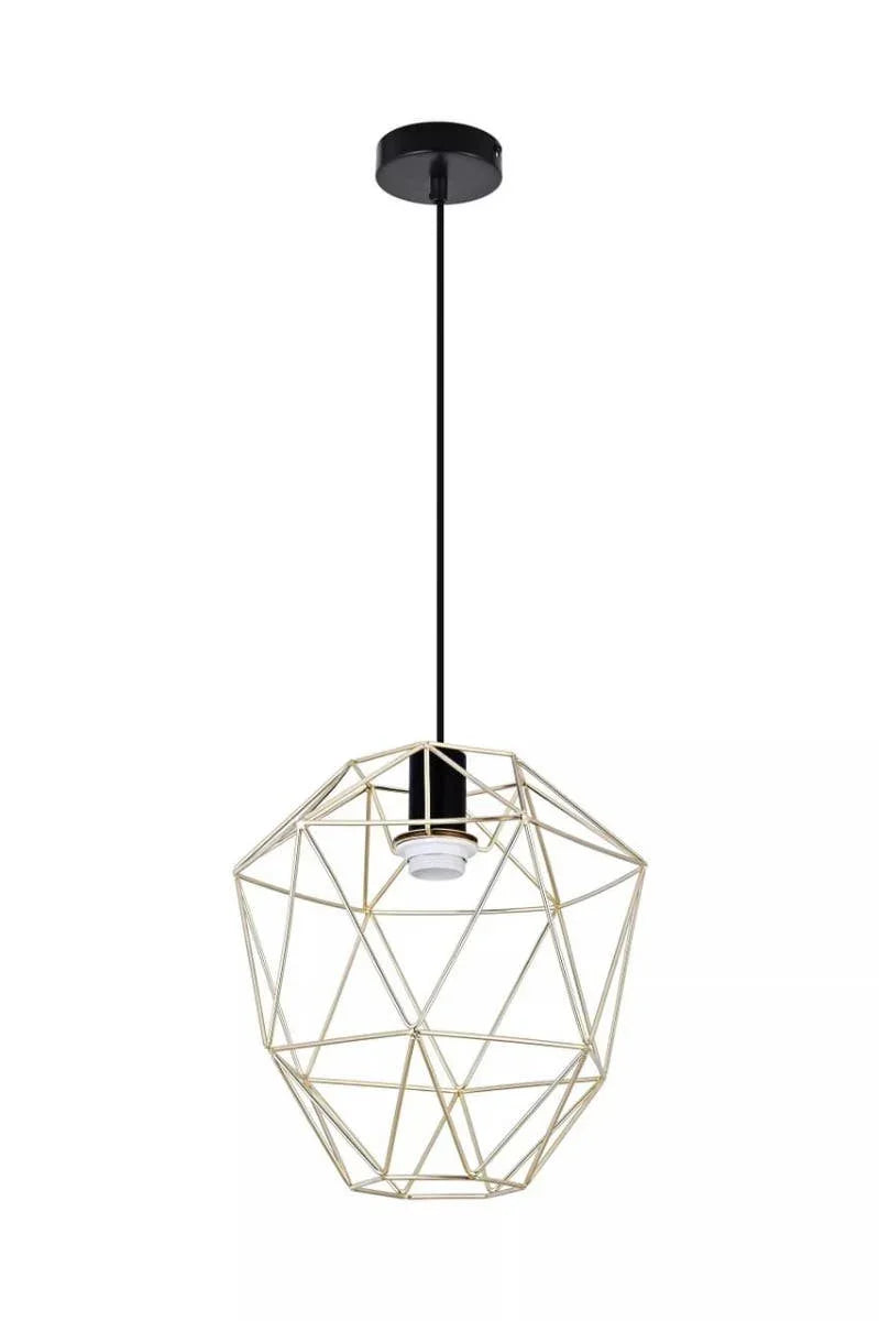 Gold geometric pendant light with black ceiling rose and exposed bulb