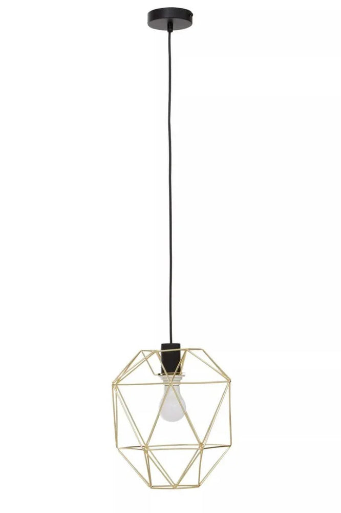 Geometric gold metal pendant light with exposed bulb and black ceiling rose
