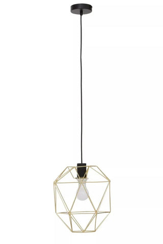 Geometric gold metal pendant light with exposed bulb and black ceiling rose