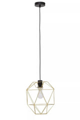 Geometric gold metal pendant light with exposed bulb and black ceiling rose