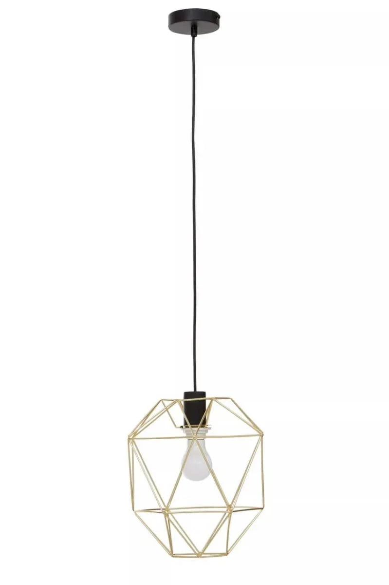 Geometric gold metal pendant light with exposed bulb and black ceiling rose