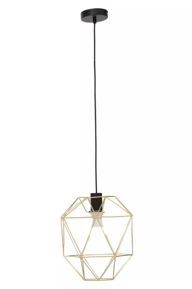 Geometric gold wire pendant light with black ceiling fixture and exposed bulb