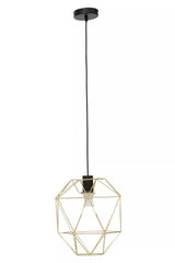 Geometric gold wire pendant light with black ceiling fixture and exposed bulb