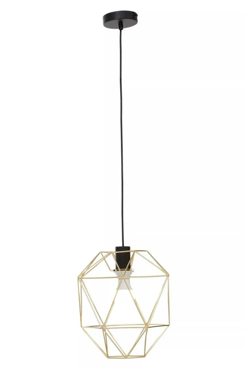 Geometric gold wire pendant light with black ceiling fixture and exposed bulb