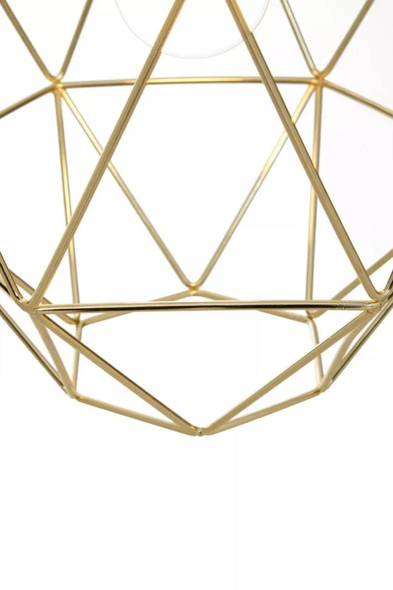 Gold geometric metal lampshade in close-up, showcasing modern pendant lighting design