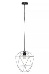 Geometric wire pendant ceiling light with black cord and exposed bulb
