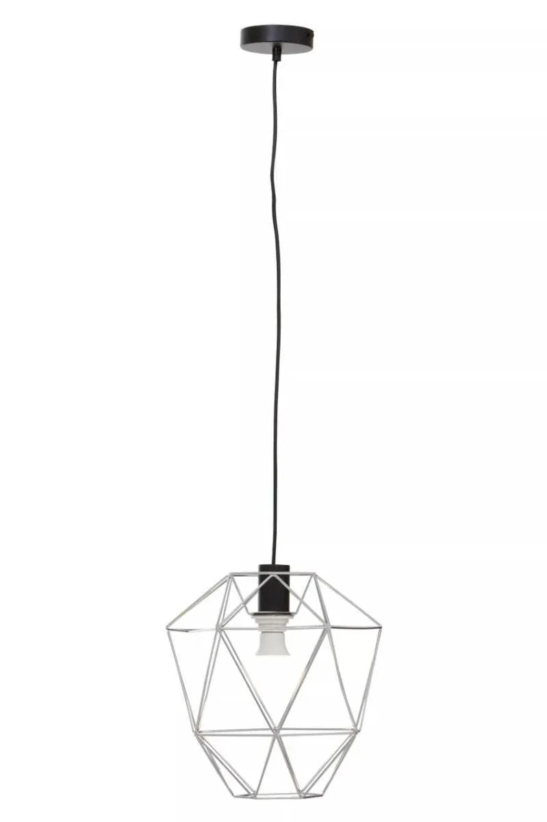 Geometric wire pendant ceiling light with black cord and exposed bulb