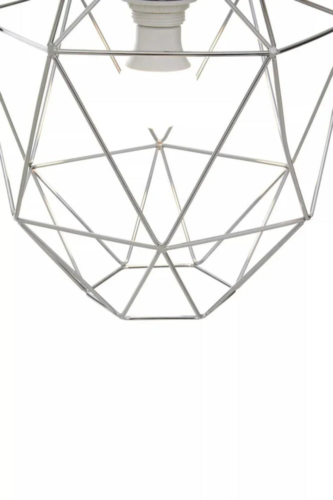Chrome geometric pendant light shade with open metal frame, close-up view