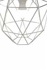 Chrome geometric pendant light shade with open metal frame, close-up view