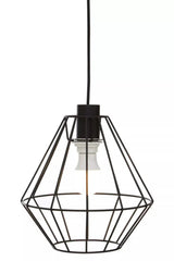 Black geometric wire pendant light with exposed bulb and modern minimalist design