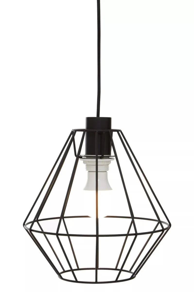 Black geometric wire pendant light with exposed bulb and modern minimalist design