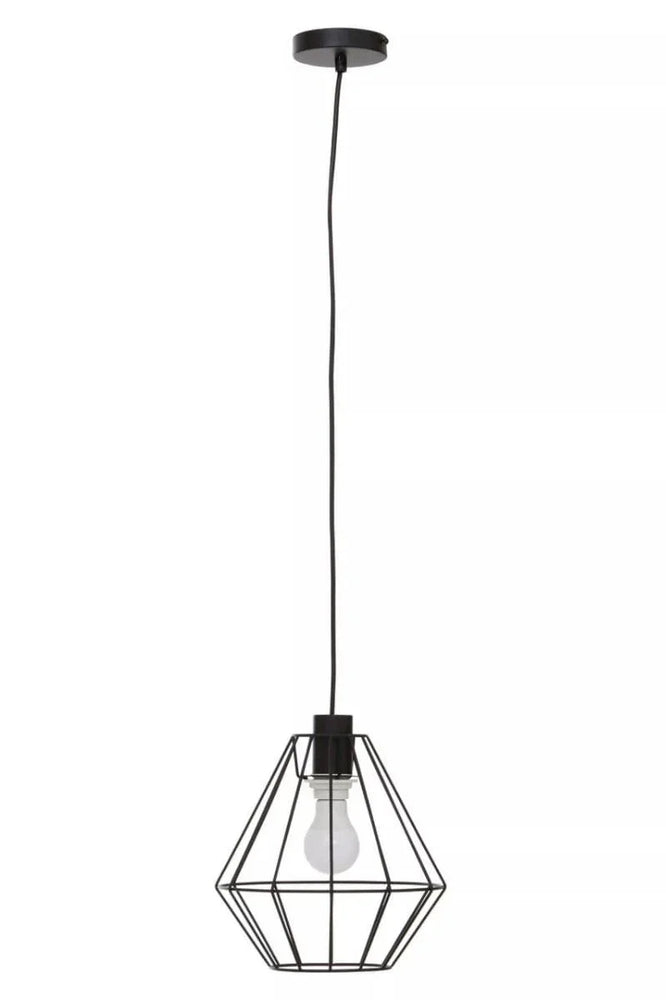Black geometric wire pendant ceiling light with exposed bulb