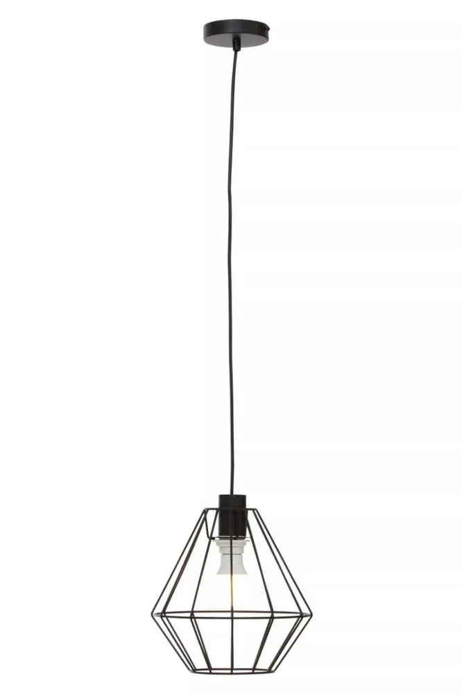 Black geometric pendant ceiling light with exposed bulb and metal cage design