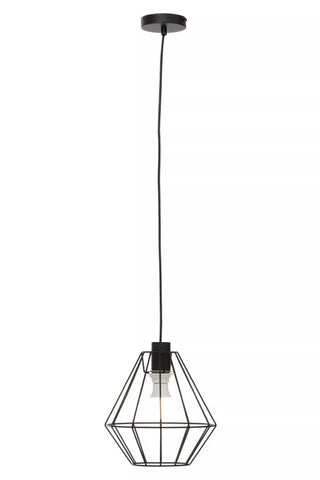 Black geometric pendant ceiling light with exposed bulb and metal cage design