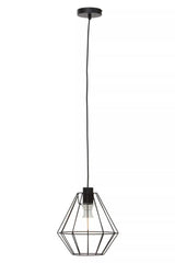 Black geometric pendant ceiling light with exposed bulb and metal cage design