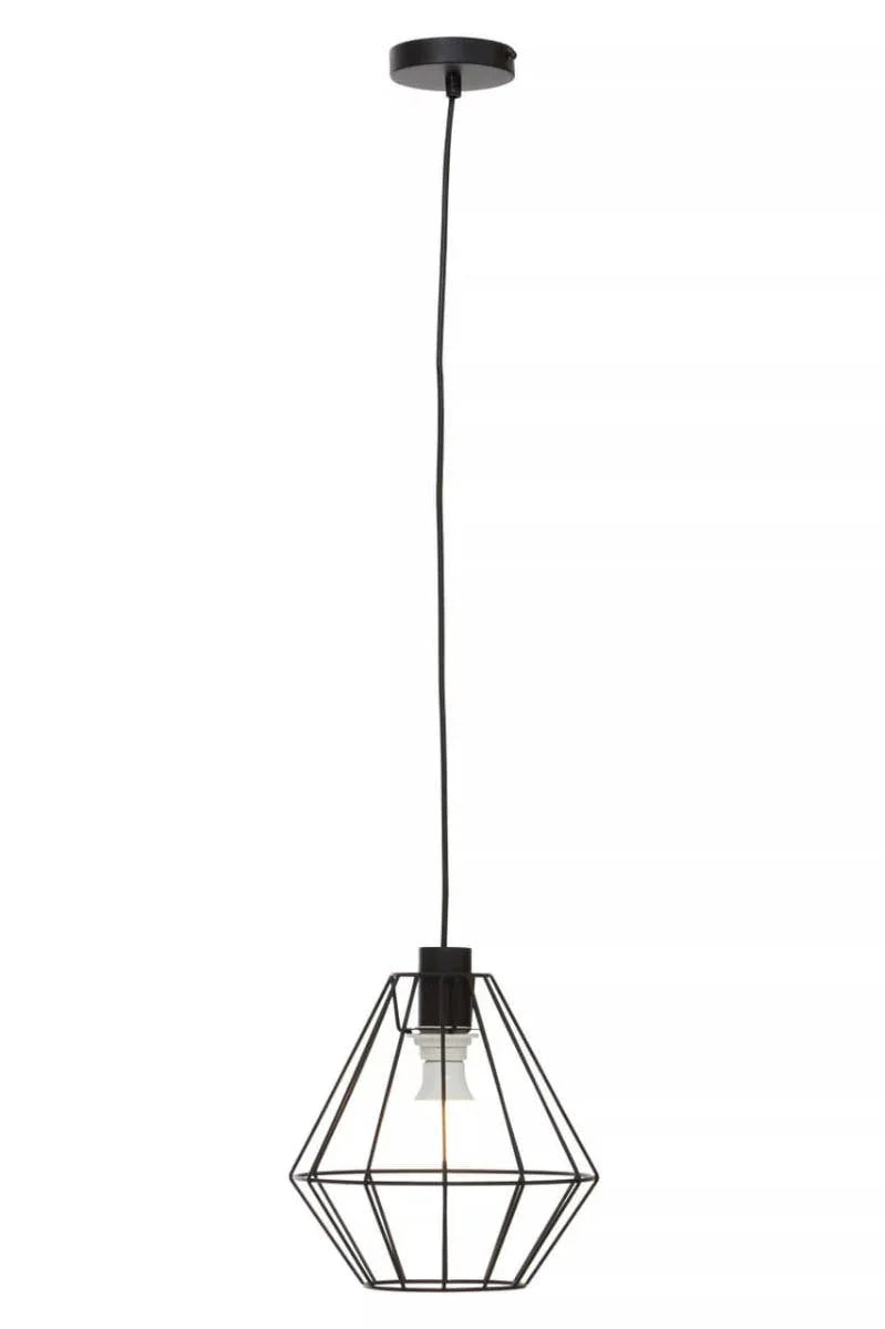 Black geometric pendant ceiling light with exposed bulb and metal cage design