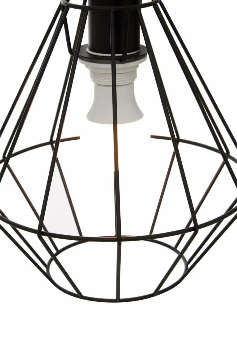 Black metal wire pendant light shade with exposed bulb, close-up angle