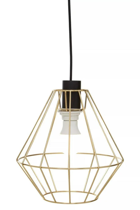 Gold geometric metal pendant light with black cable and exposed bulb holder