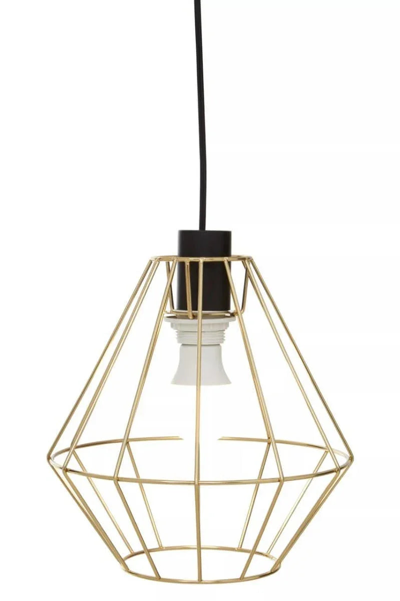 Gold geometric metal pendant light with black cable and exposed bulb holder