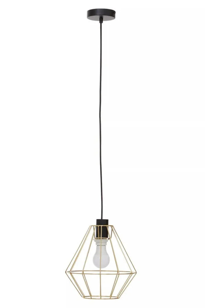 Gold geometric pendant light with exposed bulb and black ceiling mount