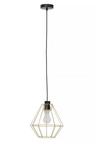 Gold geometric pendant light with exposed bulb and black ceiling mount