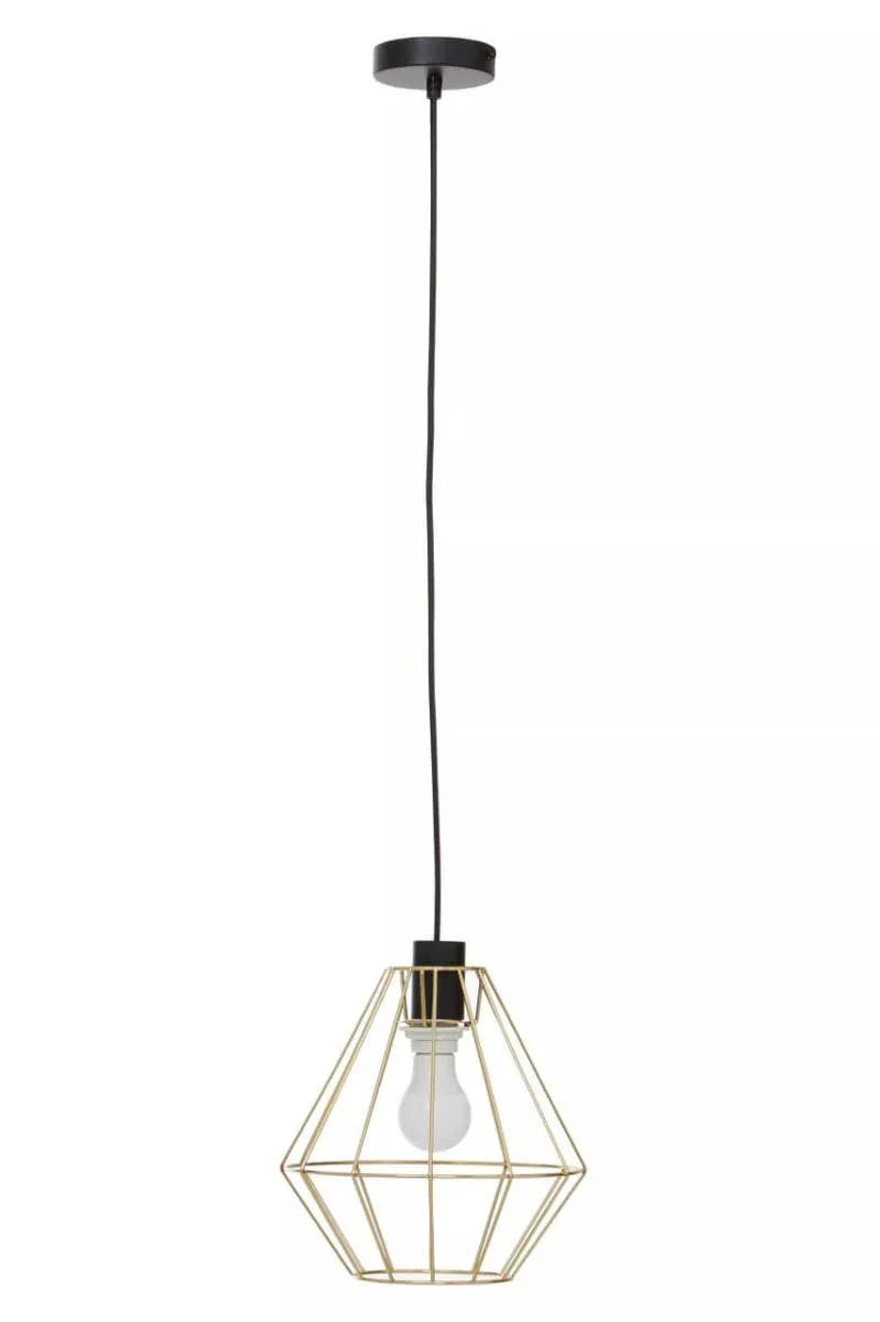 Gold geometric pendant light with exposed bulb and black ceiling mount