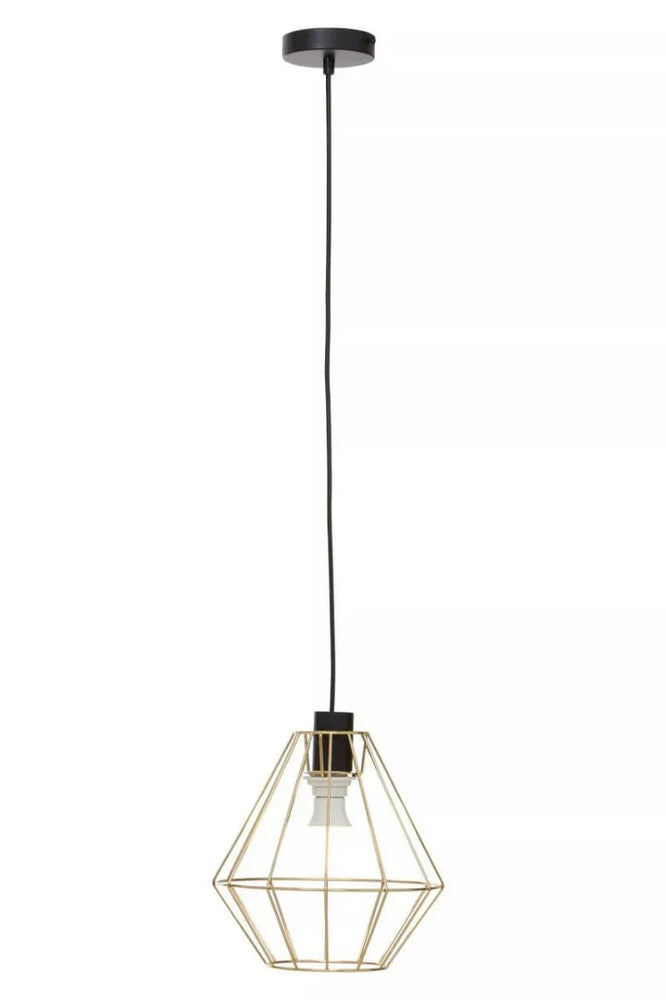 Geometric gold wire pendant light with black ceiling mount and exposed bulb holder