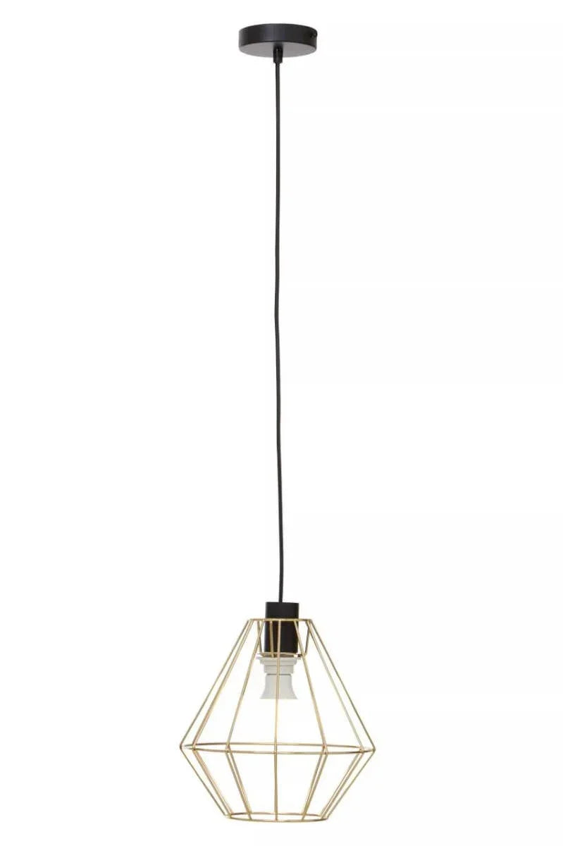 Geometric gold wire pendant light with black ceiling mount and exposed bulb holder