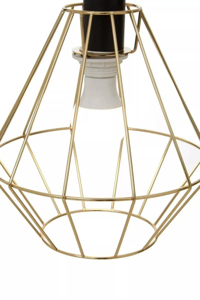 Gold metal wire pendant light shade with geometric open design