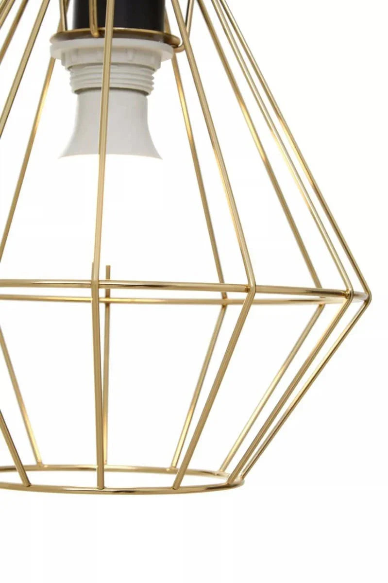 Gold metal pendant light with geometric open frame and exposed bulb holder, close-up view