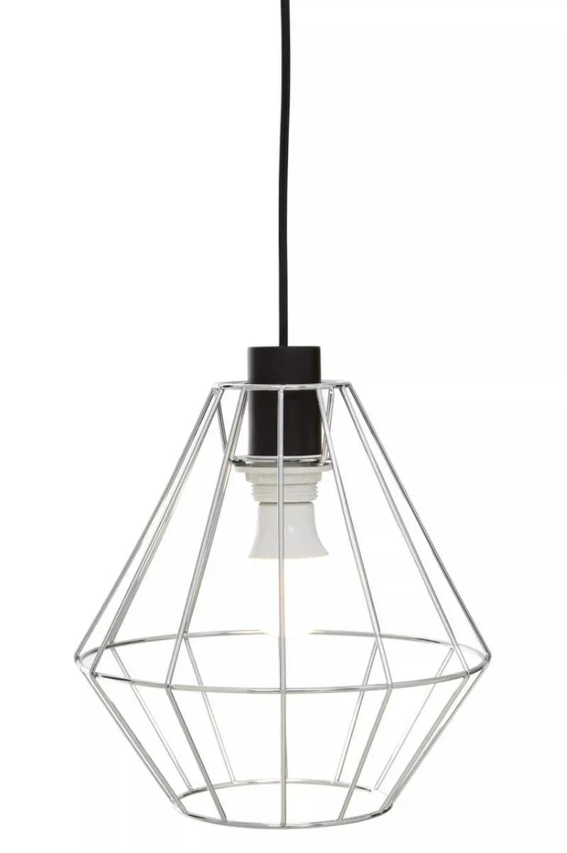Modern pendant light with chrome wire cage shade and black cord