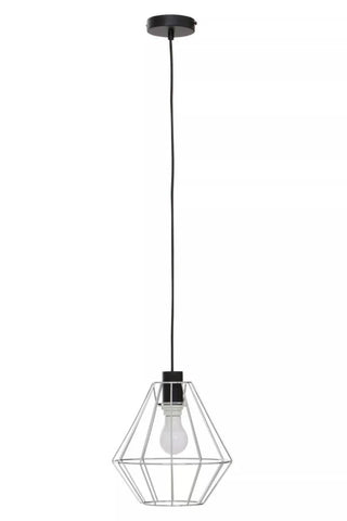 Modern pendant light with geometric metal cage shade and exposed bulb on black cord