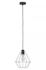 Modern pendant light with geometric metal cage shade and exposed bulb on black cord