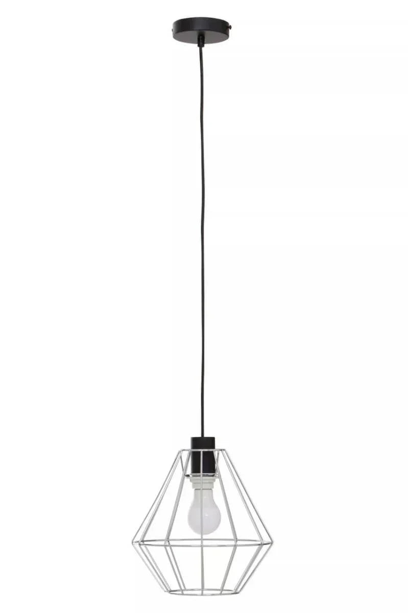 Modern pendant light with geometric metal cage shade and exposed bulb on black cord