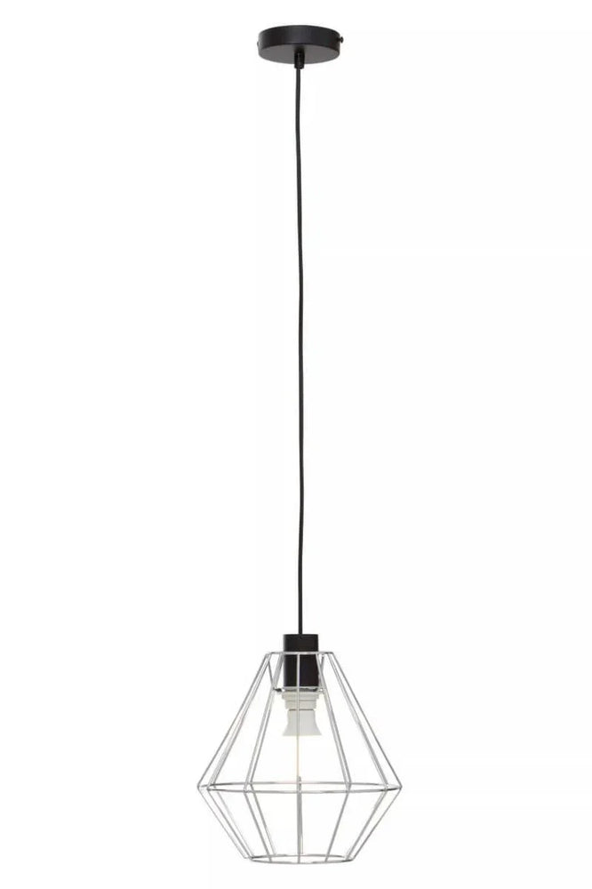 Black wire frame pendant light with geometric metal shade and exposed bulb
