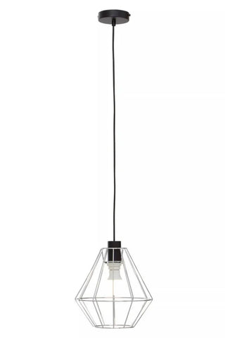 Black wire frame pendant light with geometric metal shade and exposed bulb