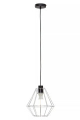 Black wire frame pendant light with geometric metal shade and exposed bulb