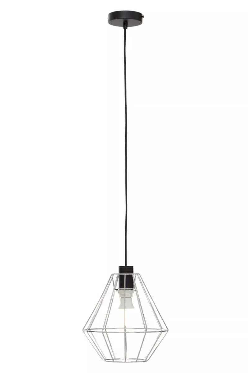 Black wire frame pendant light with geometric metal shade and exposed bulb