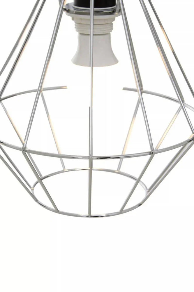Chrome wire pendant light shade with geometric frame, bulb visible inside