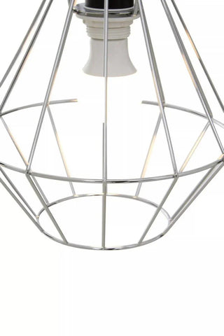 Chrome wire pendant light shade with geometric frame, bulb visible inside