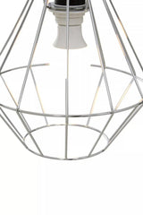 Chrome wire pendant light shade with geometric frame, bulb visible inside
