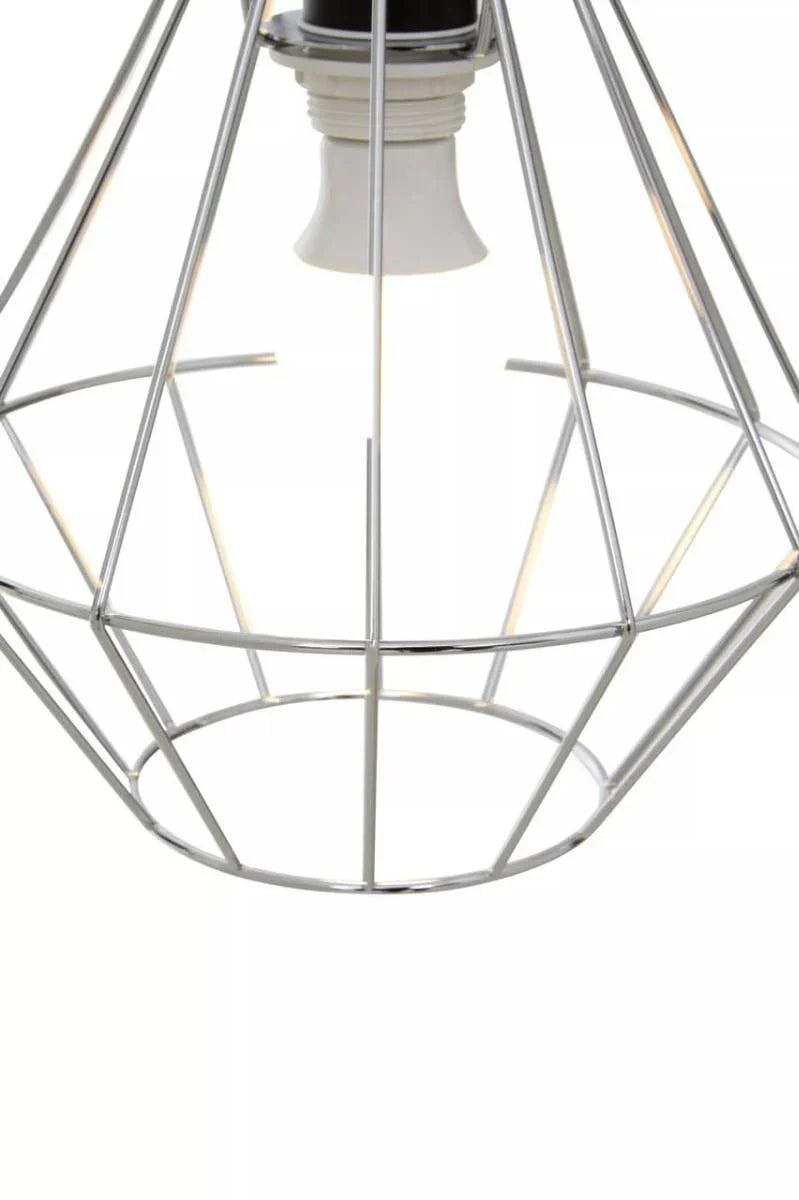 Chrome wire pendant light shade with geometric frame, bulb visible inside