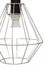 Chrome wire pendant light shade with exposed bulb and geometric cage design