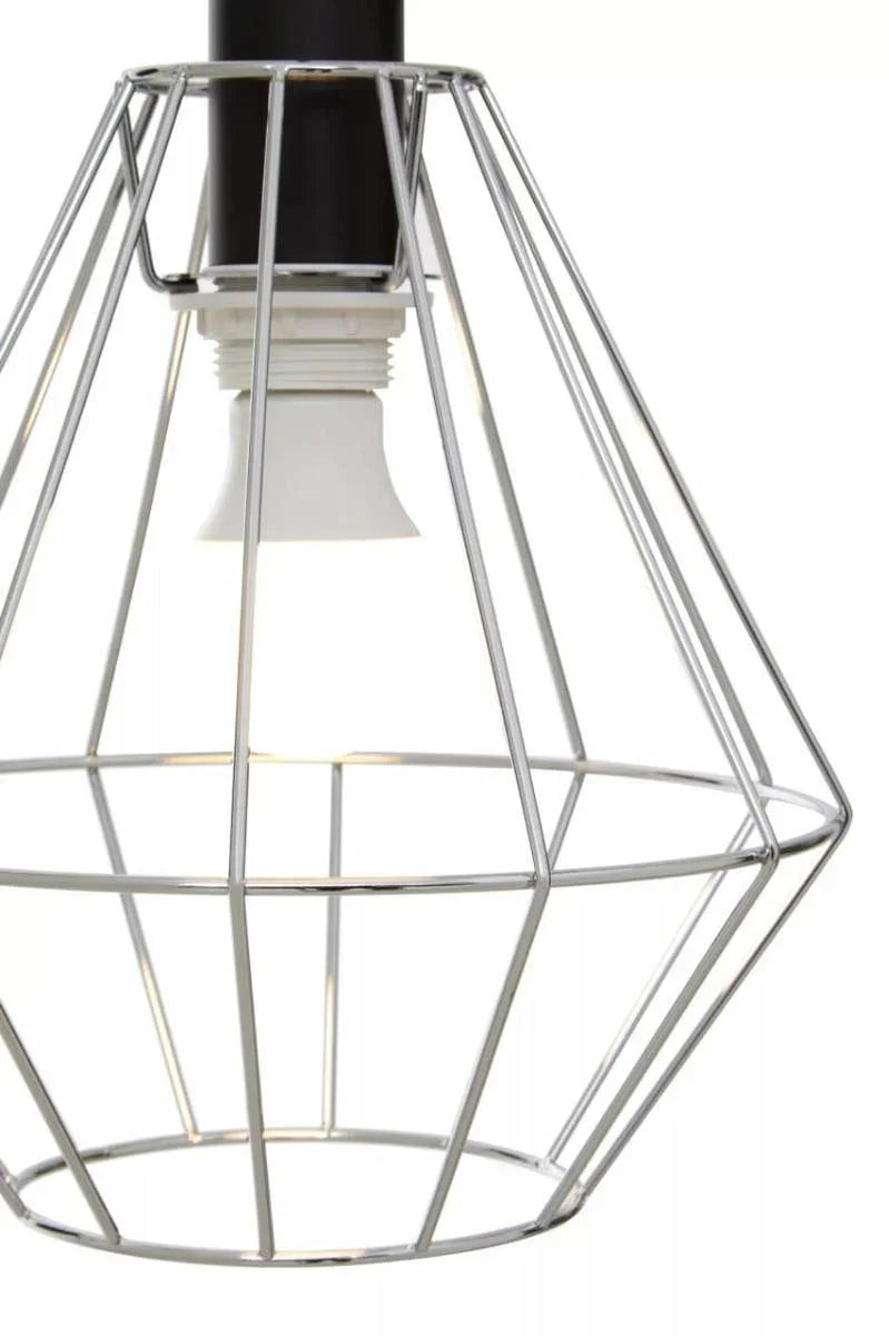 Chrome wire pendant light shade with exposed bulb and geometric cage design