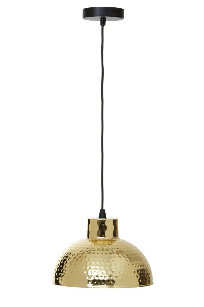 Gold hammered metal pendant light with black ceiling mount and cord