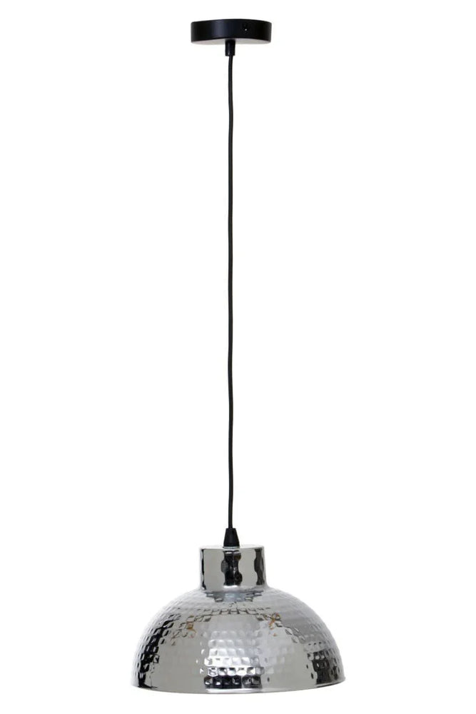 Hammered metal pendant light with a silver dome shade and black ceiling mount