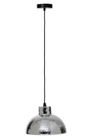 Hammered metal pendant light with a silver dome shade and black ceiling mount