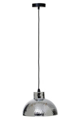 Hammered metal pendant light with a silver dome shade and black ceiling mount