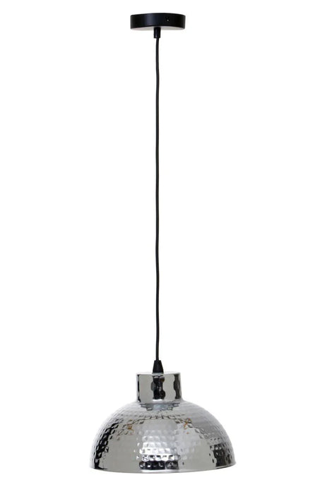 Hammered metal pendant light with a silver dome shade and black ceiling mount