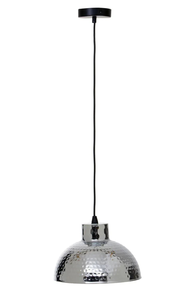 Hammered metal pendant light with a silver dome shade and black ceiling mount